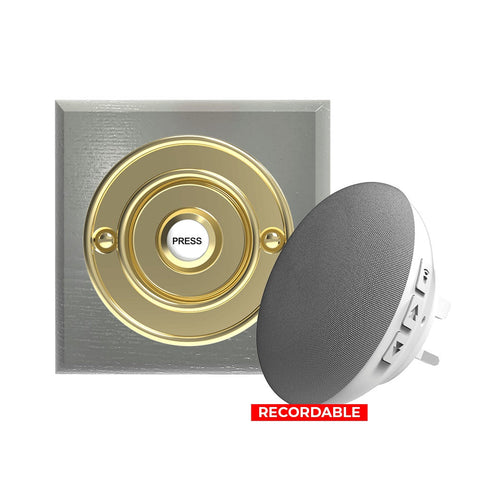 Traditional Wireless Doorbell - Vintage Style Square Grey Ash Wooden Plinth and Brass Door Bell Push
