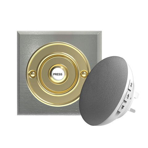 Traditional Wireless Doorbell - Vintage Style Square Grey Ash Wooden Plinth and Brass Door Bell Push