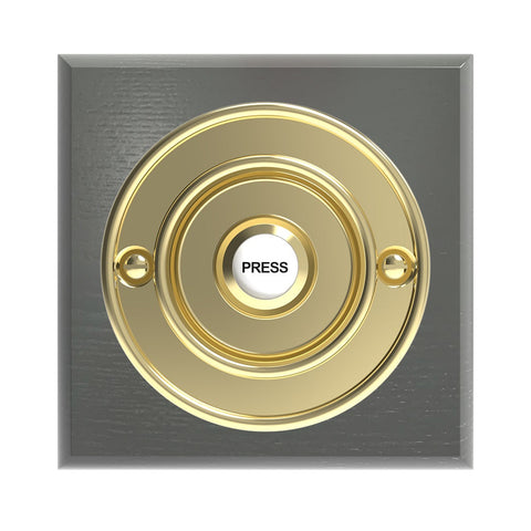 Traditional Wireless Doorbell - Vintage Style Square Grey Ash Wooden Plinth and Brass Door Bell Push