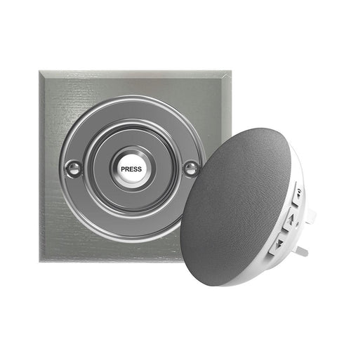 Traditional Wireless Doorbell - Vintage Style Square Grey Ash Wooden Plinth and Chrome Door Bell Push