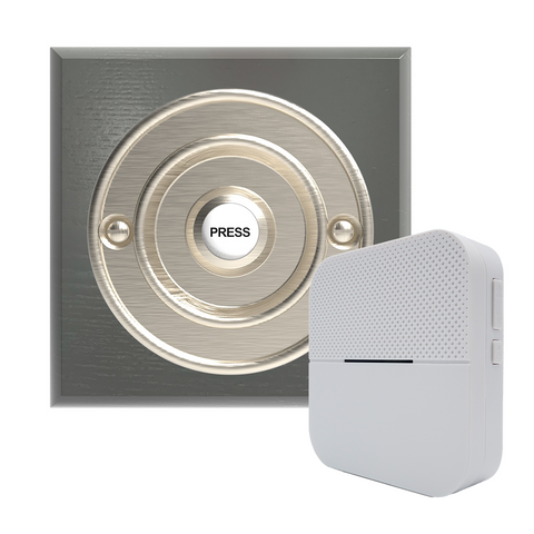 Traditional Wireless Doorbell - Vintage Style Square Grey Ash Wooden Plinth And Brushed Nickel Door Bell Push