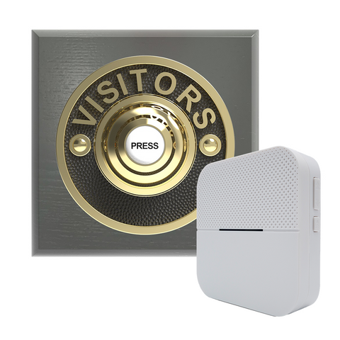 Traditional Wireless Doorbell - Vintage Style Square Grey Ash Wooden Plinth and VISITORS Brass Door Bell Push