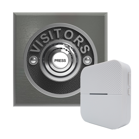 Traditional Wireless Doorbell - Vintage Style Square Grey Ash Wooden Plinth and VISITORS Chrome Door Bell Push