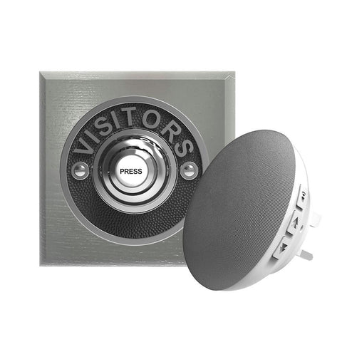 Traditional Wireless Doorbell - Vintage Style Square Grey Ash Wooden Plinth and VISITORS Chrome Door Bell Push