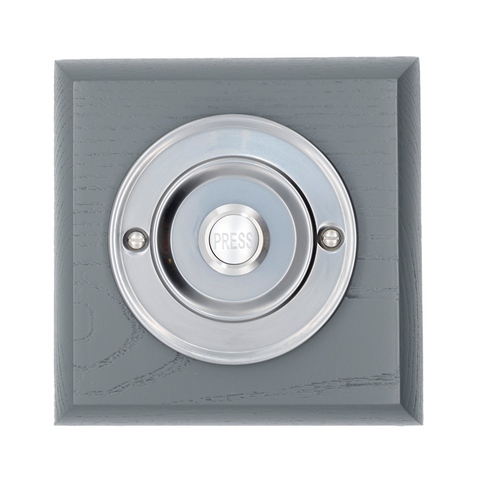 Modern Wireless Doorbell - Stylish Grey Square Wooden Plinth and Brushed Nickel Door Bell Push - Nickel PRESS Button