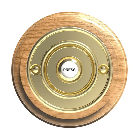 Traditional Round Wired Doorbell in Honey Oak and Brass