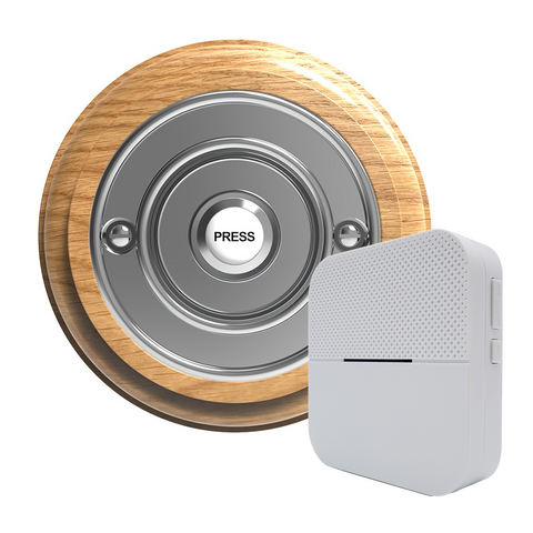 Traditional Wireless Doorbell - Vintage Style Round Honey Oak Wooden Plinth and Chrome Door Bell Push