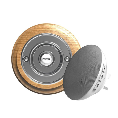 Traditional Wireless Doorbell - Vintage Style Round Honey Oak Wooden Plinth and Chrome Door Bell Push