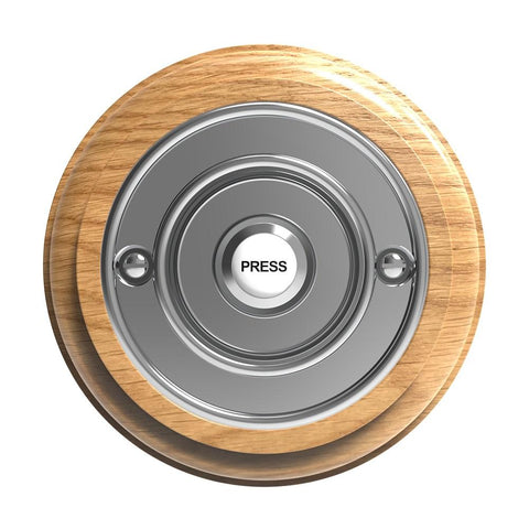 Traditional Wireless Doorbell - Vintage Style Round Honey Oak Wooden Plinth and Chrome Door Bell Push