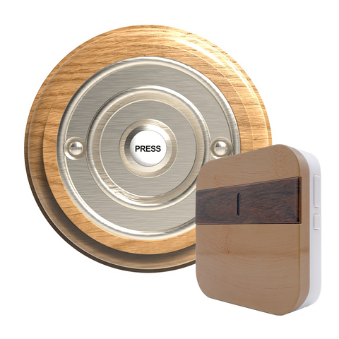 Traditional Wireless Doorbell - Vintage Style Round Honey Oak Wooden Plinth and Brushed Nickel Door Bell Push