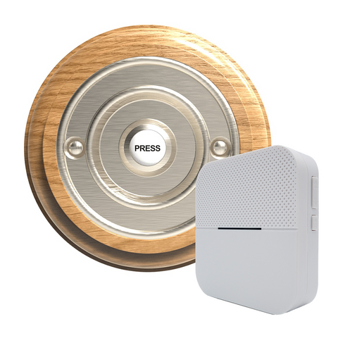 Traditional Wireless Doorbell - Vintage Style Round Honey Oak Wooden Plinth and Brushed Nickel Door Bell Push