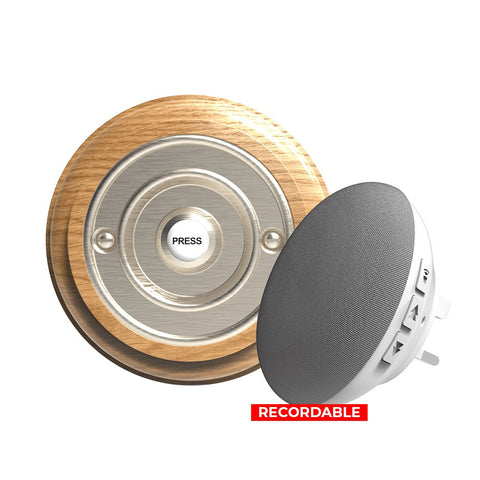 Traditional Wireless Doorbell - Vintage Style Round Honey Oak Wooden Plinth and Brushed Nickel Door Bell Push
