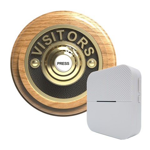 Traditional Wireless Doorbell - Vintage Style Round Honey Oak Wooden Plinth and VISITORS Brass Door Bell Push