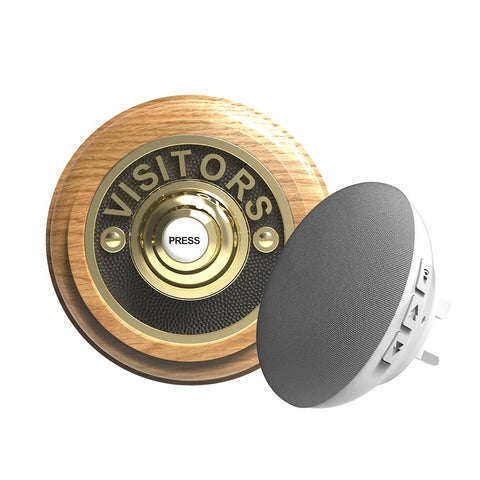 Traditional Wireless Doorbell - Vintage Style Round Honey Oak Wooden Plinth and VISITORS Brass Door Bell Push