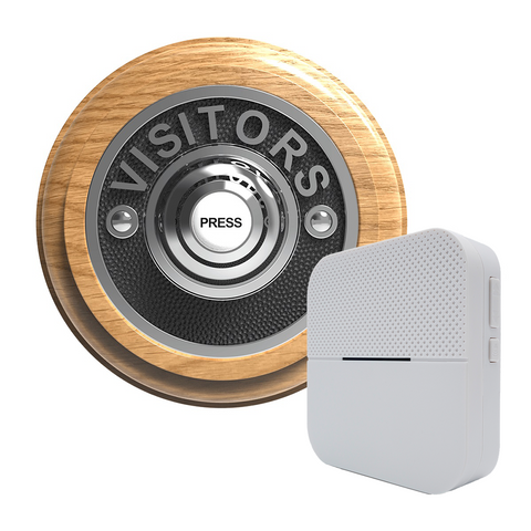 Traditional Wireless Doorbell - Vintage Style Round Honey Oak Wooden Plinth and VISITORS Chrome Door Bell Push