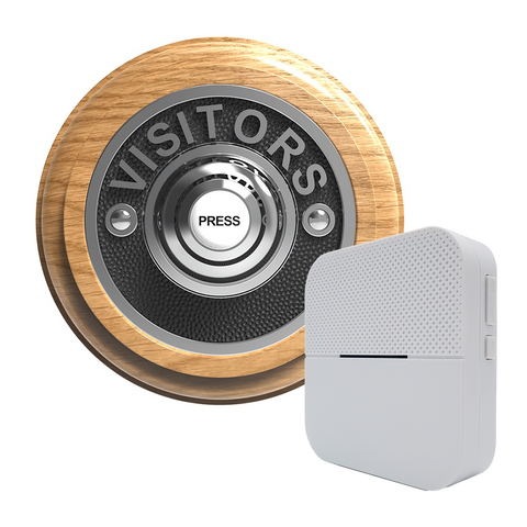 Traditional Wireless Doorbell - Vintage Style Round Natural Oak Wooden Plinth and VISITORS Chrome Door Bell Push