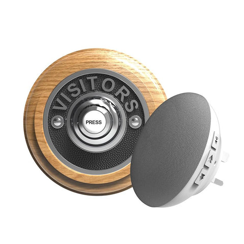 Traditional Wireless Doorbell - Vintage Style Round Honey Oak Wooden Plinth and VISITORS Chrome Door Bell Push