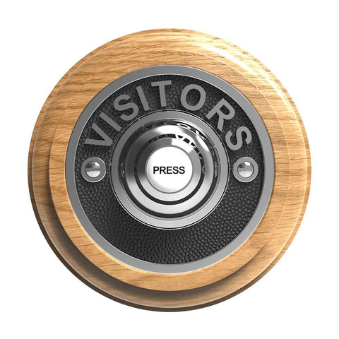 Traditional Wireless Doorbell - Vintage Style Round Honey Oak Wooden Plinth and VISITORS Chrome Door Bell Push