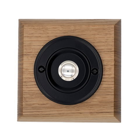 Modern Wireless Doorbell - Stylish Honey Square Wooden Plinth and Black Door Bell Push - Chrome Centre Button