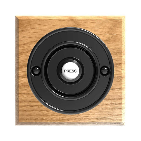 Traditional Wireless Doorbell - Vintage Style Square Honey Oak Wooden Plinth and Black Door Bell Push