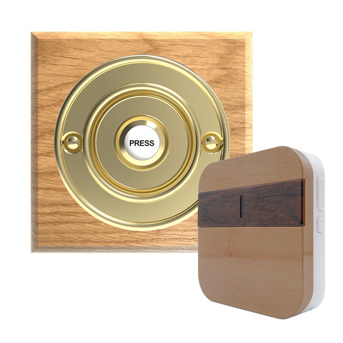 Traditional Wireless Doorbell - Vintage Style Square Honey Oak Wooden Plinth and Brass Door Bell Push