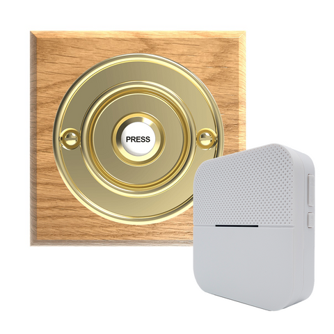 Traditional Wireless Doorbell - Vintage Style Square Natural Oak Wooden Plinth and Brass Door Bell Push