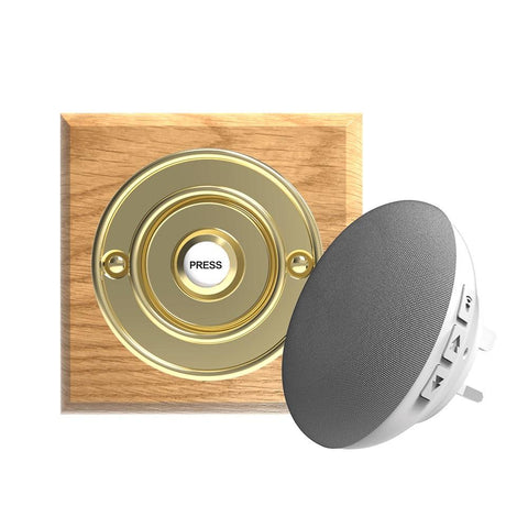 Traditional Wireless Doorbell - Vintage Style Square Honey Oak Wooden Plinth and Brass Door Bell Push