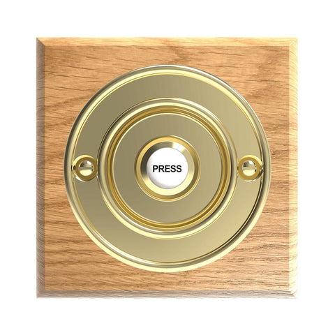 Traditional Wireless Doorbell - Vintage Style Square Honey Oak Wooden Plinth and Brass Door Bell Push