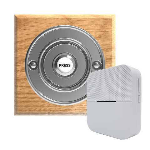 Traditional Wireless Doorbell - Vintage Style Square Honey Oak Wooden Plinth and Chrome Door Bell Push