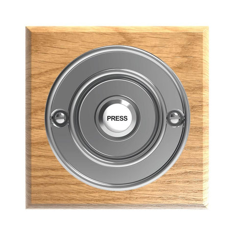 Traditional Wireless Doorbell - Vintage Style Square Honey Oak Wooden Plinth and Chrome Door Bell Push