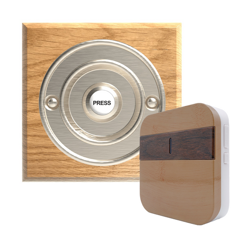Traditional Wireless Doorbell - Vintage Style Square Honey Oak Wooden Plinth and Brushed Nickel Door Bell Push
