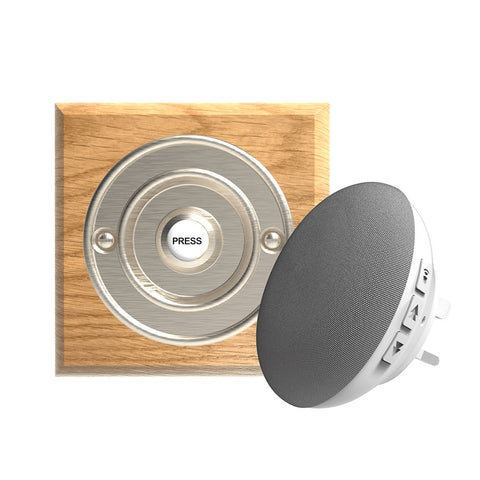 Traditional Wireless Doorbell - Vintage Style Square Honey Oak Wooden Plinth and Brushed Nickel Door Bell Push