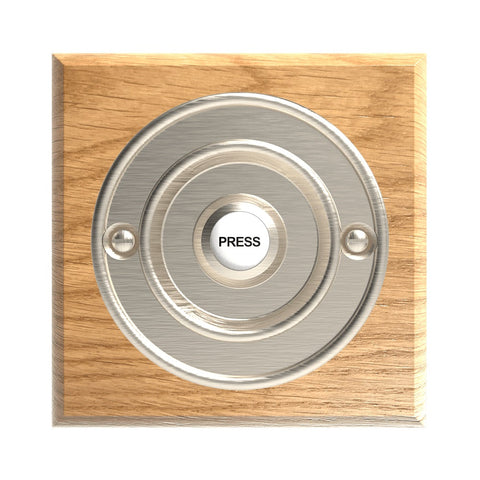 Traditional Wireless Doorbell - Vintage Style Square Honey Oak Wooden Plinth and Brushed Nickel Door Bell Push