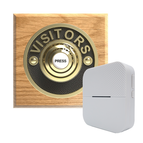 Traditional Wireless Doorbell - Vintage Style Square Honey Oak Wooden Plinth and VISITORS Brass Door Bell Push