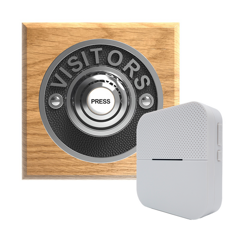 Traditional Wireless Doorbell - Vintage Style Square Honey Oak Wooden Plinth and VISITORS Chrome Door Bell Push