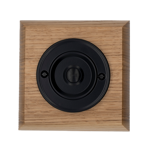 Modern Wireless Doorbell - Stylish Honey Square Wooden Plinth and Black Door Bell Push - Black Centre Button