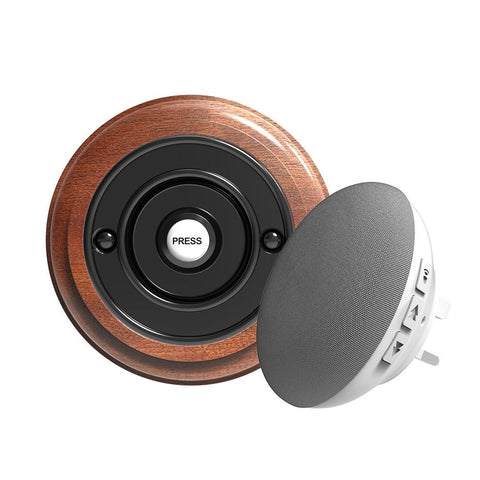 Traditional Wireless Doorbell - Vintage Style Round Mahogany Wooden Plinth and Brass Door Bell Push