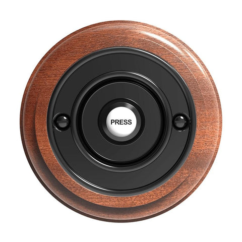 Traditional Wireless Doorbell - Vintage Style Round Mahogany Wooden Plinth and Brass Door Bell Push