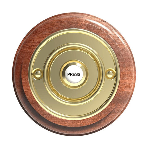 Traditional Wireless Doorbell - Vintage Style Round Mahogany Wooden Plinth and Brass Door Bell Push
