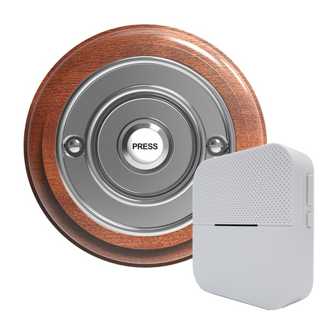 Traditional Wireless Doorbell - Vintage Style Round Mahogany Wooden Plinth and Black Door Bell Push