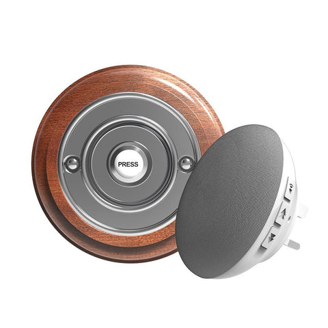 Traditional Wireless Doorbell - Vintage Style Round Mahogany Wooden Plinth and Black Door Bell Push