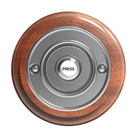 Traditional Wireless Doorbell - Vintage Style Round Mahogany Wooden Plinth and Black Door Bell Push