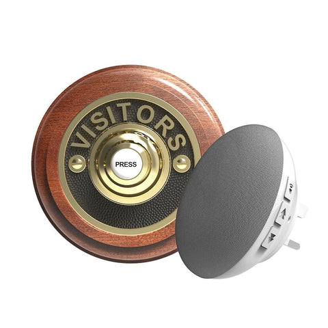 Traditional Wireless Doorbell - Vintage Style Round Mahogany Wooden Plinth and VISITORS Brass Door Bell Push