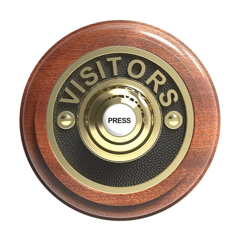 Traditional Wireless Doorbell - Vintage Style Round Mahogany Wooden Plinth and VISITORS Brass Door Bell Push