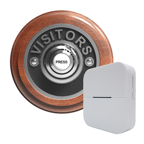 Traditional Wireless Doorbell - Vintage Style Round Mahogany Wooden Plinth and VISITORS Chrome Door Bell Push