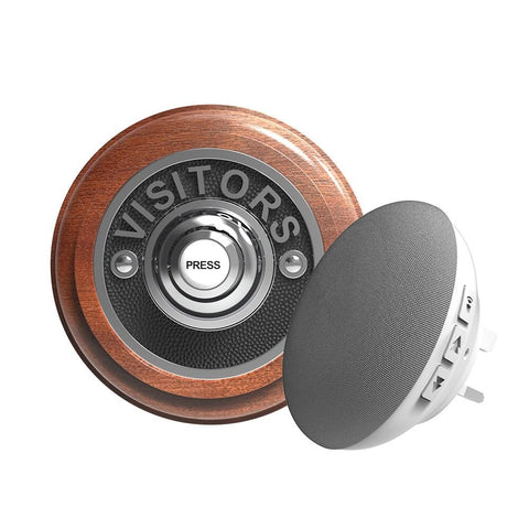 Traditional Wireless Doorbell - Vintage Style Round Mahogany Wooden Plinth and VISITORS Chrome Door Bell Push