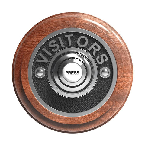 Traditional Wireless Doorbell - Vintage Style Round Mahogany Wooden Plinth and VISITORS Chrome Door Bell Push