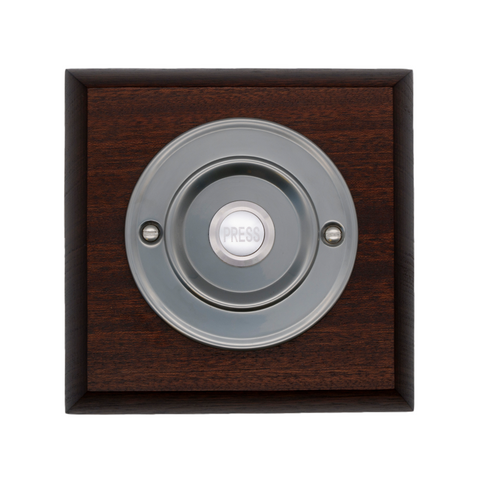 Modern Wireless Doorbell - Stylish Mahogany Square Wooden Plinth and Brushed Nickel Door Bell Push - Nickel PRESS Button