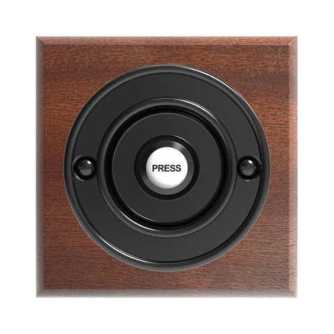 Traditional Wireless Doorbell - Vintage Style Square Mahogany Wooden Plinth and Brass Door Bell Push