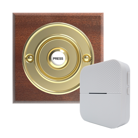 Traditional Wireless Doorbell - Vintage Style Square Mahogany Wooden Plinth and Brass Door Bell Push